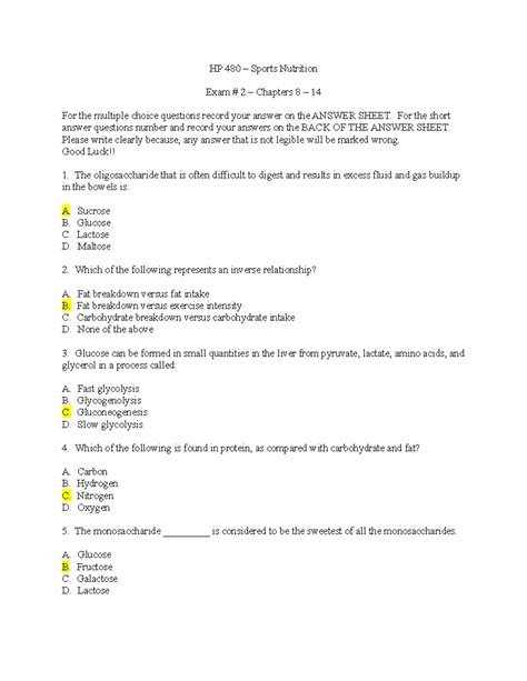 Sports Nutrition Exam Short Answer PDF