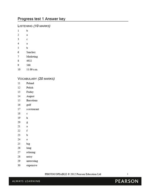 Standards Progress Test 1 Answer Key Doc