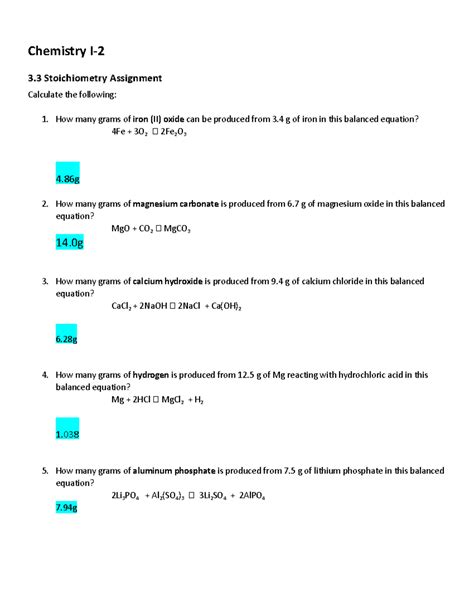 Stoichiometry Assignment Answers Epub