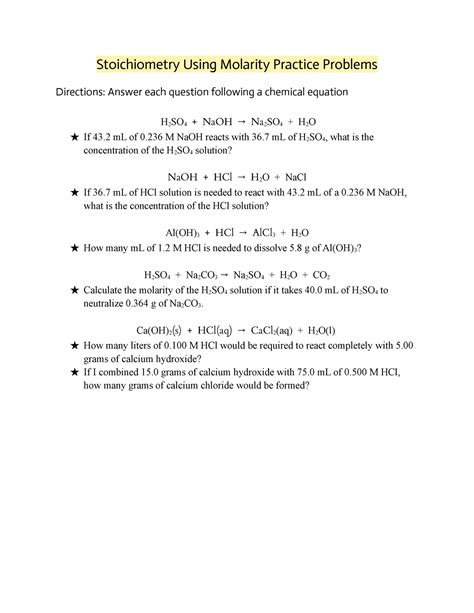 Stoichiometry Molarity Practice Problems With Answers PDF