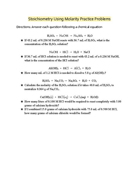 Stoichiometry Molarity Practice Problems With Answers PDF