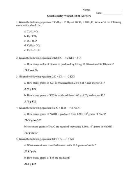 Stoichiometry Problem Sheet 1 Answers Doc