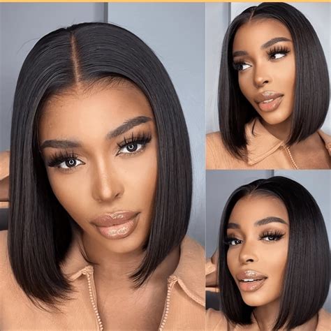 Straight Medium Wig 10" Synthetic Lace Front Bobs Chin Length Black Wigs