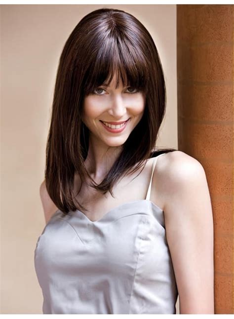 Straight Shoulder Length Brown Monofilament 14" With Bangs Glueless Lace Wigs