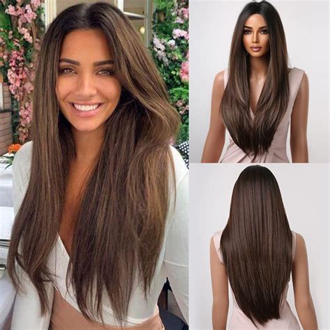 Straight Shoulder Length Capless Brown Synthetic Discount Middle Part Wigs