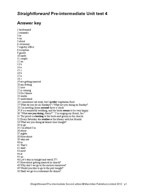 Straightforward Intermediate Answer Key Unit 10 Test Reader