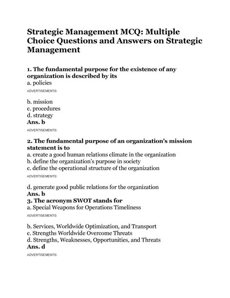 Strategic Management Questions And Answers Reader