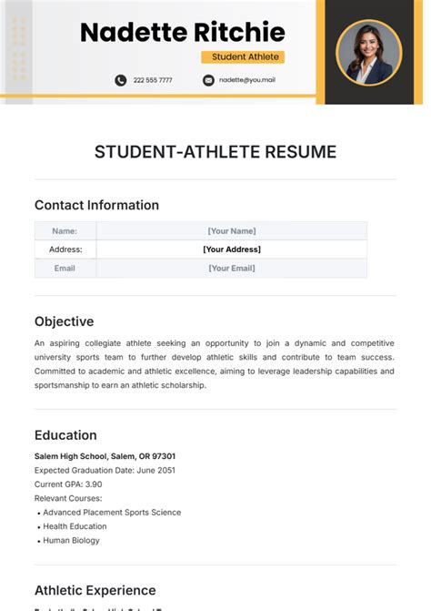 Student Athlete Resume Template Free