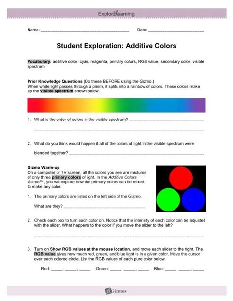 Student Exploration Additive Colors Answer Key PDF