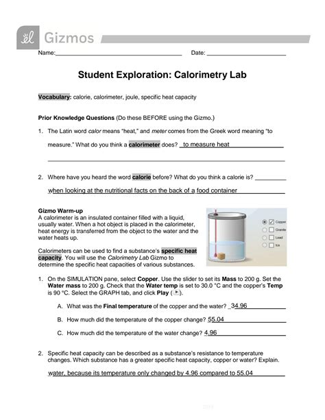 Student Exploration Calorimetry Lab Answer Key PDF Epub