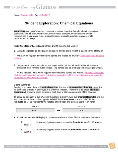 Student Exploration Chemical Equations Answer Key Kindle Editon