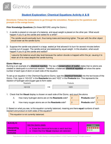 Student Exploration Chemical Equations Answers Epub