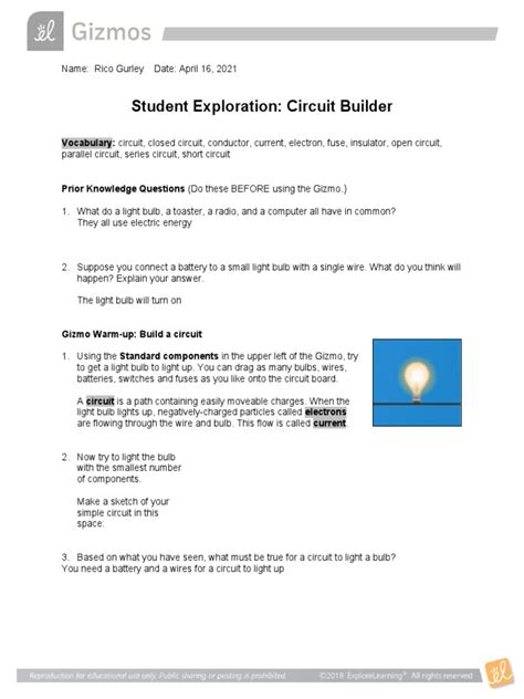 Student Exploration Circuit Builder Explorelearning 54851 PDF Kindle Editon