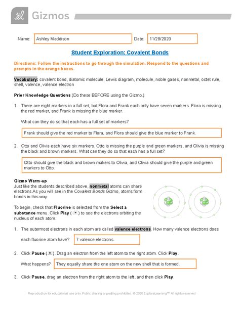 Student Exploration Covalent Bonds Answers PDF