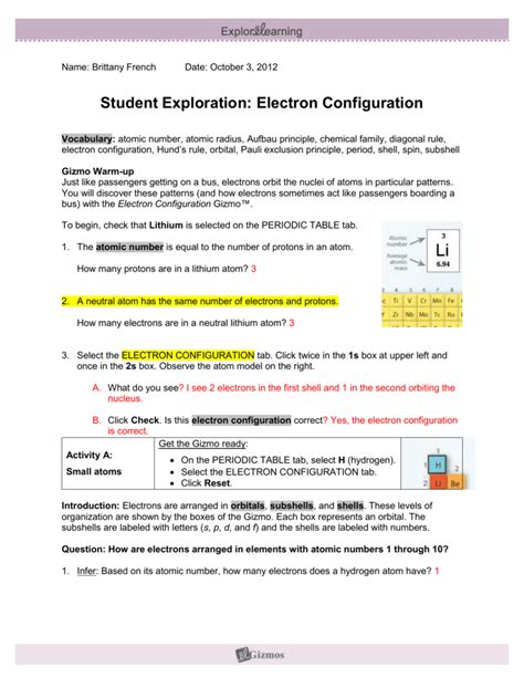 Student Exploration Electron Configuration Gizmo Answer Key Doc