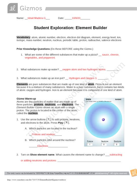 Student Exploration Element Builder Answer PDF