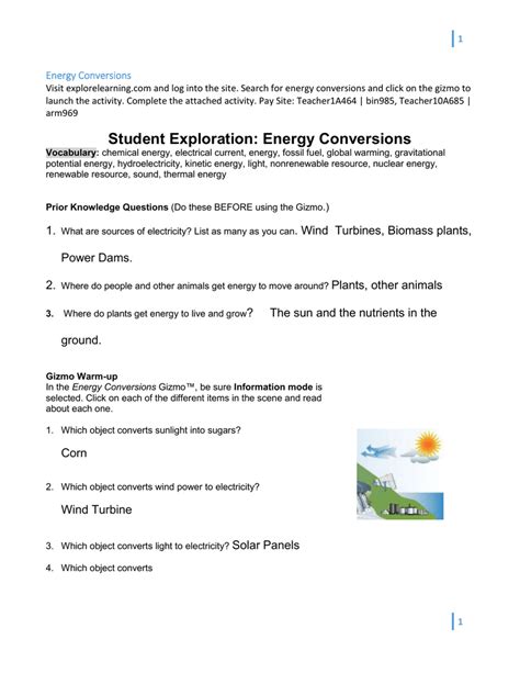 Student Exploration Energy Conversions Answer PDF