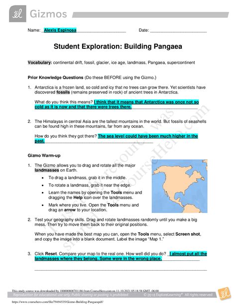 Student Exploration Gizmo Answer Key Building Pangaea Epub