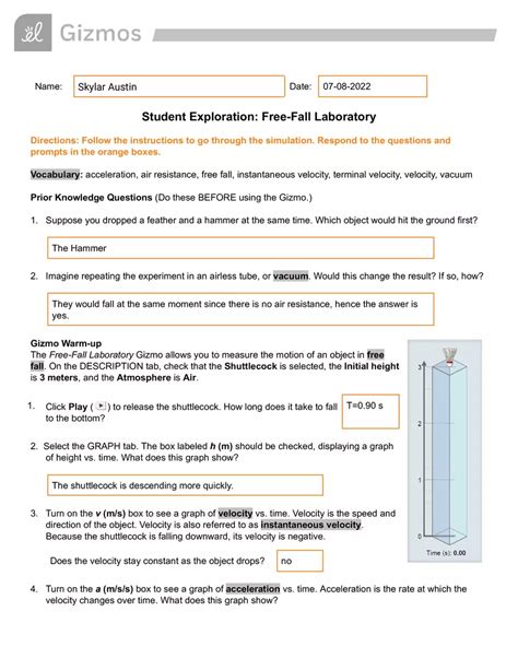 Student Exploration Gizmo Answer Key Fall Laboratory Reader