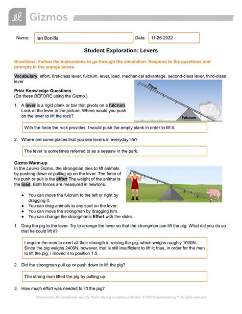 Student Exploration Gizmo Levers Answer Key Kindle Editon