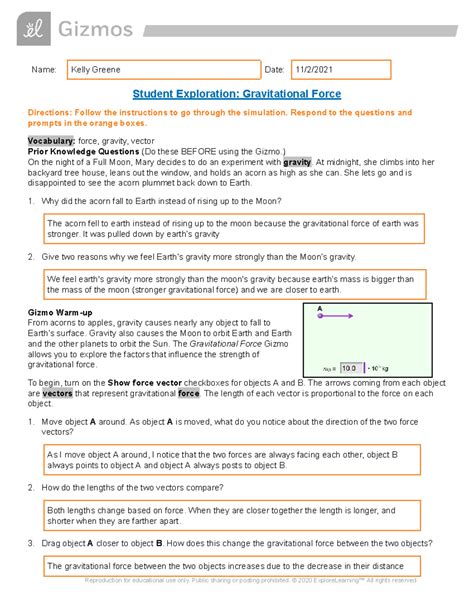 Student Exploration Gravitational Force Answers PDF