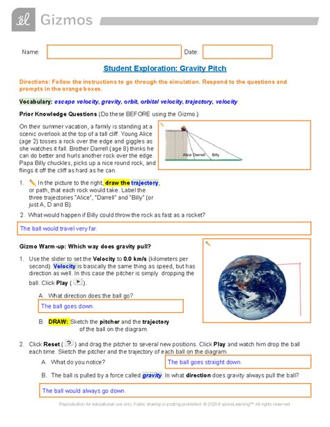 Student Exploration Gravity Pitch Answers Reader