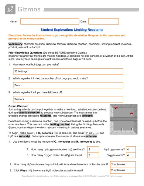 Student Exploration Limiting Reactants Answer Key Gizmo Doc