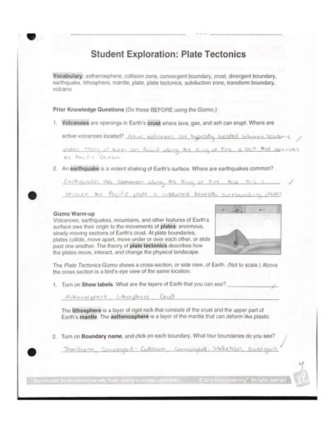 Student Exploration Plate Tectonics Answer Key PDF