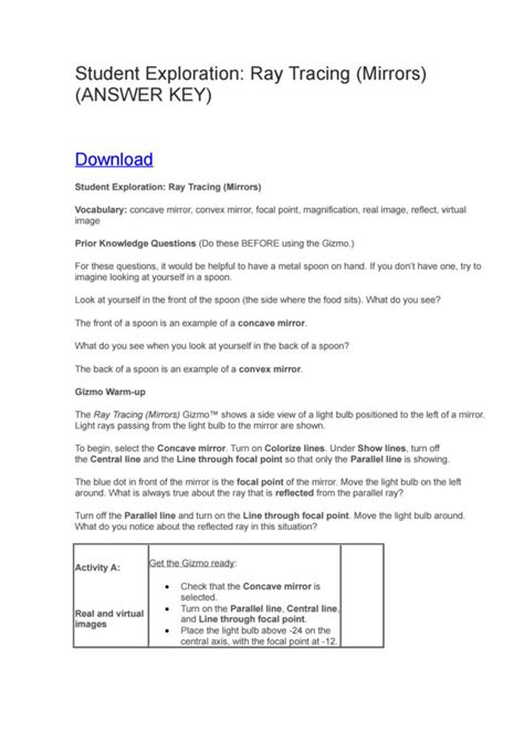 Student Exploration Ray Tracing Mirrors Answer Key PDF