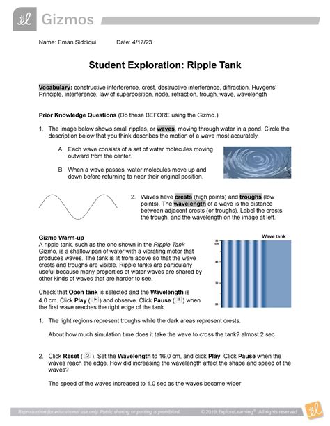 Student Exploration Ripple Tank Gizmo Answer Key PDF