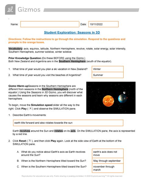 Student Exploration Seasons In 3d Answers PDF