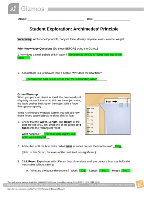 Student Exploration Sheet Answer Key Archimedes Principle Doc