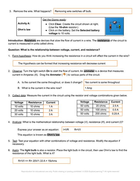 Student Exploration Sheet Circuit Gizmo Answer Key PDF