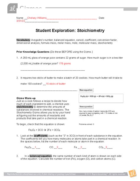 Student Exploration Stoichiometry Gizmo Answers Key PDF PDF