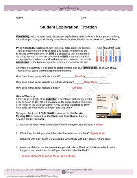 Student Exploration Titration Answers PDF