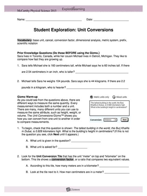 Student Exploration Unit Conversions Answer Key Reader
