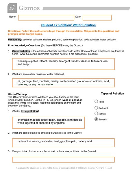Student Exploration Water Pollution Answer Key Reader