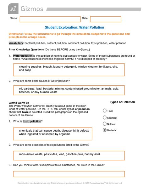 Student Exploration Water Pollution Answer Key Reader