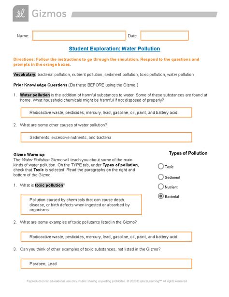 Student Exploration Water Pollution Gizmo Answers Without Download Doc