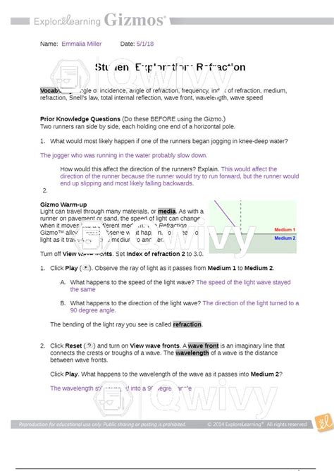 Student Explore Learning Refraction Answer Key PDF