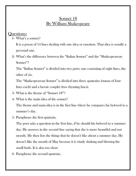 Student Understanding Shakespeare Sonnet 18 Answers Epub