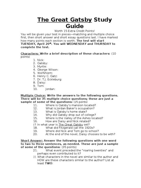 Study Guide The Great Gatsby Answers Epub