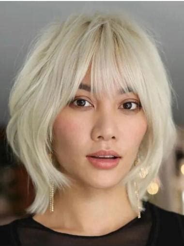 Stylish Lace Wigs Platinum Blonde Chin Length Straight Synthetic With Bangs Short Baby Shag Wigs