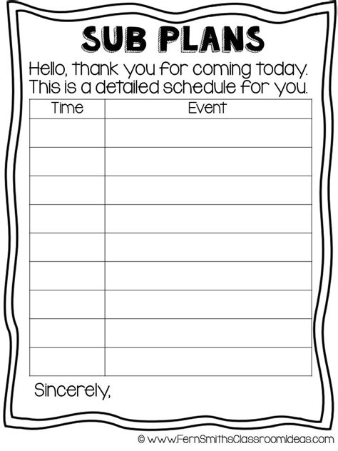 Sub Plan Template Free