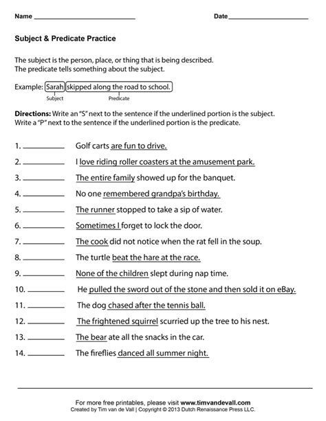 Subject And Predicate Worksheets With Answers PDF