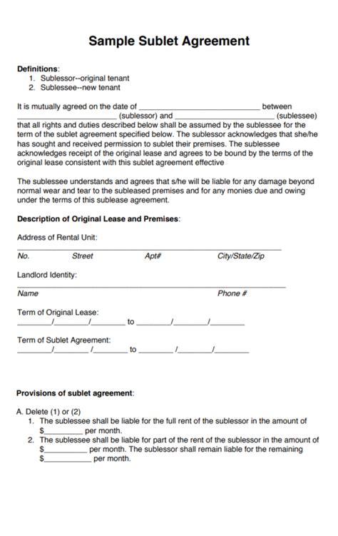 Sublet Agreement Template Free