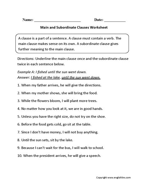 Subordinate Clause Worksheet With Answers Doc