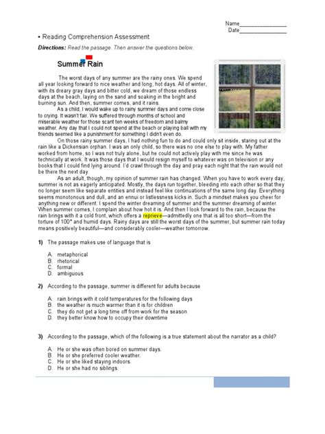 Summer Rain Comprehension Assessment Answer Key Kindle Editon