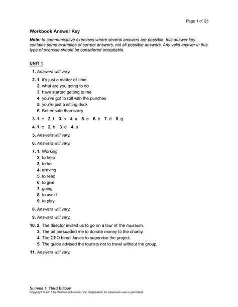 Summit 1 Work Answer Key Reader