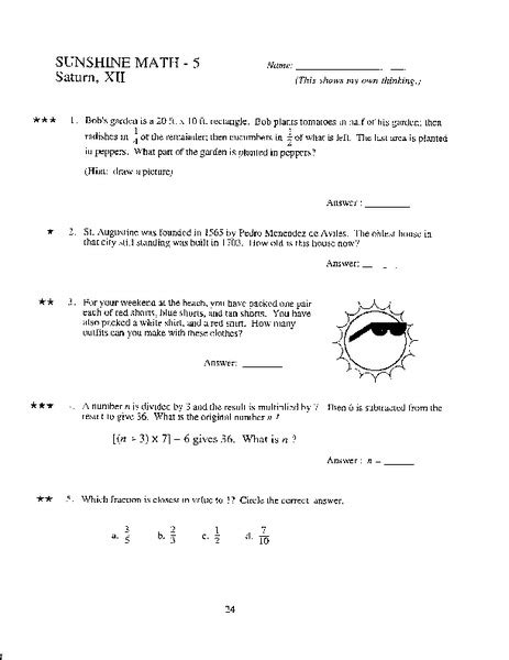 Sunshine Math 5th Grade Answers PDF